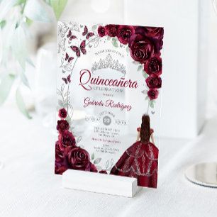 Invitations En Acrylique Quinceanera Bourgogne Fleurs Argentées