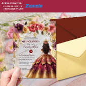 Invitations En Acrylique Quinceañera Bourgogne Rouge or coing Robe Fleurs