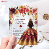 Invitations En Acrylique Quinceañera Bourgogne Rouge or coing Robe Fleurs