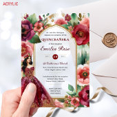 Invitations En Acrylique Quinceañera Bourgogne Rouge or coing Robe Fleurs