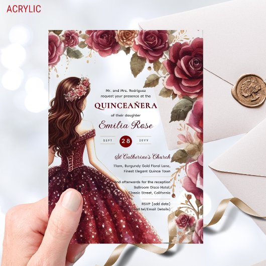 Invitations En Acrylique Quinceañera Bourgogne Rouge or coing Robe Fleurs