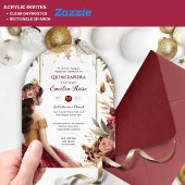 Invitations En Acrylique Quinceañera Bourgogne Rouge or coing Robe Fleurs