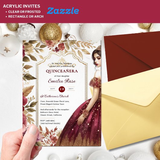 Invitations En Acrylique Quinceañera Bourgogne Rouge or coing Robe Fleurs