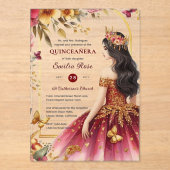 Invitations En Acrylique Quinceañera Bourgogne Rouge or coing Robe Fleurs (Recto)