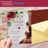 Invitations En Acrylique Quinceañera Bourgogne Rouge Vert Or Robe Quince