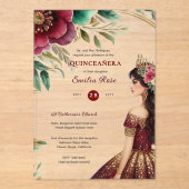 Invitations En Acrylique Quinceañera Bourgogne Rouge Vert Or Robe Quince (Recto)