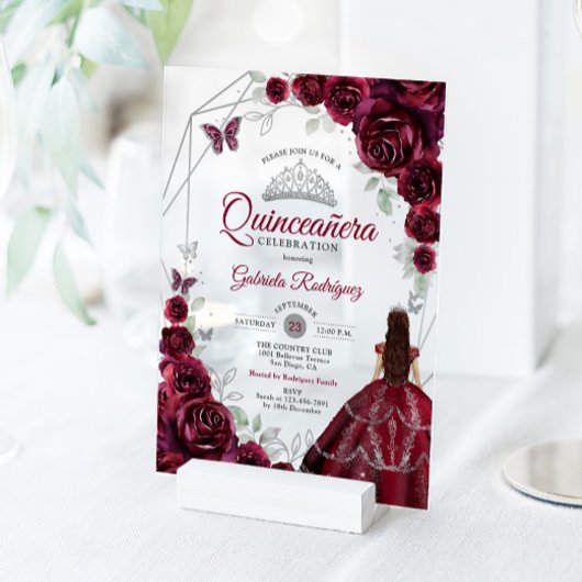 Invitations En Acrylique Quinceanera Burgundy Dress Floral