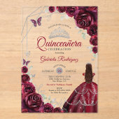 Invitations En Acrylique Quinceanera Burgundy Dress Floral (Recto)