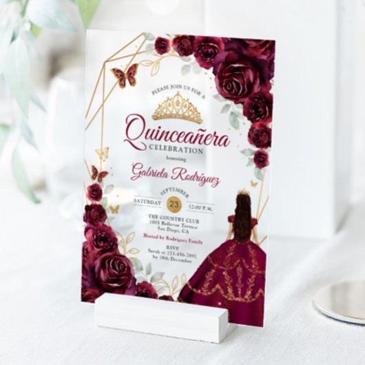 Invitations En Acrylique Quinceanera Burgundy Dress Floral Gold