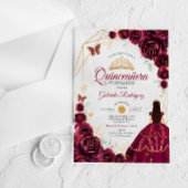 Invitations En Acrylique Quinceanera Burgundy Dress Floral Gold