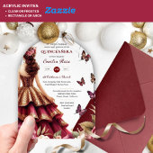 Invitations En Acrylique Quinceañera Burgundy Robe Rouge Or Papillons
