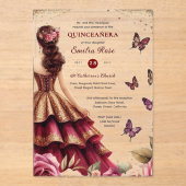 Invitations En Acrylique Quinceañera Burgundy Robe Rouge Or Papillons (Recto)