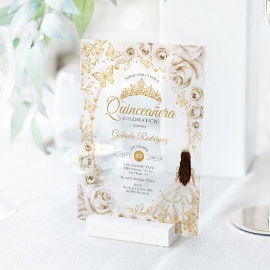 Invitations En Acrylique Quinceanera Cream Gold Floral
