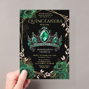 Invitations En Acrylique Quinceañera Diadème Émeraude Vert Noir Espagnol