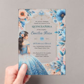 Invitations En Acrylique Quinceañera Dusty Bleu Pêche Fleurs Robe Argent (In situ (ordinateur de poche))
