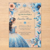 Invitations En Acrylique Quinceañera Dusty Bleu Pêche Fleurs Robe Argent (Recto)
