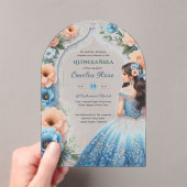 Invitations En Acrylique Quinceañera Dusty Bleu Pêche Fleurs Robe Argent (In situ (ordinateur de poche))