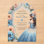 Invitations En Acrylique Quinceañera Dusty Bleu Pêche Fleurs Robe Argent (Recto)