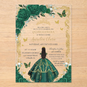 Invitations En Acrylique Quinceañera Emerald Green Floral Black Hair Gold
