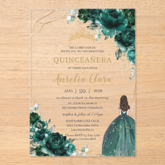Invitations En Acrylique Quinceañera Emerald Green Floral Gold Princess (Recto)