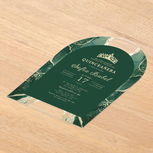 Invitations En Acrylique Quinceañera Emerald Green Gold Agate Élégant (Poser)