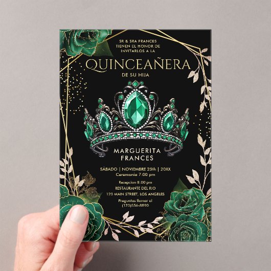 Invitations En Acrylique Quinceañera Emerald Green Tiara Black Espagnol (In situ (ordinateur de poche))
