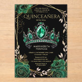 Invitations En Acrylique Quinceañera Emerald Green Tiara Black Espagnol (Recto)