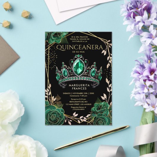 Invitations En Acrylique Quinceañera Emerald Green Tiara Black Espagnol (Insitu (Mariage))