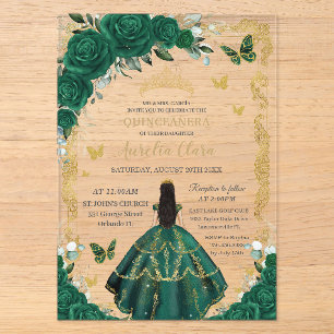Invitations En Acrylique Quinceañera Émeraude Floral Cheveux Noirs Or