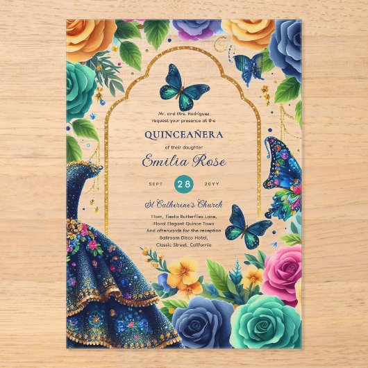 Invitations En Acrylique Quinceañera Fiesta Papillons Quince Roses (Recto)