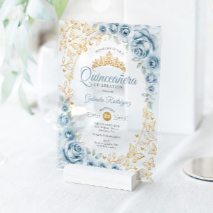Invitations En Acrylique Quinceanera Fleur Bleu Bébé Or