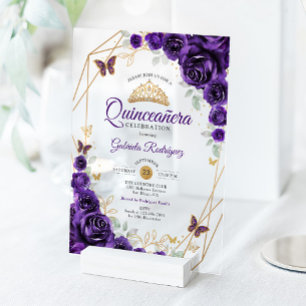 Invitations En Acrylique Quinceanera Fleur Or Violet