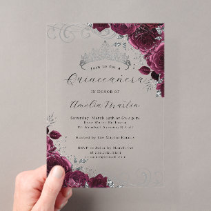 Invitations En Acrylique Quinceanera Fleurie en Acrylique Clair Argent Bour