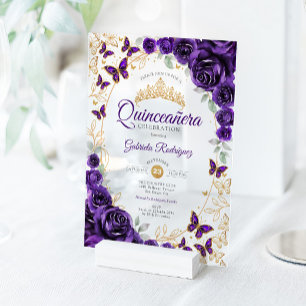 Invitations En Acrylique Quinceanera Fleurie Or et Violet