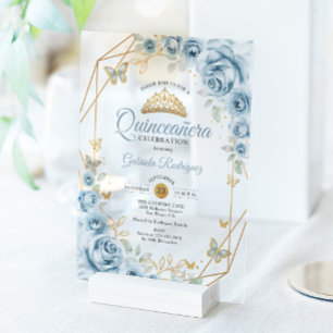 Invitations En Acrylique Quinceanera Floral Baby Blue Gold