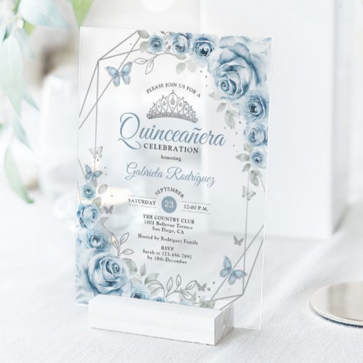 Invitations En Acrylique Quinceanera Floral Baby Blue Silver