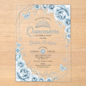 Invitations En Acrylique Quinceanera Floral Baby Blue Silver (Recto)