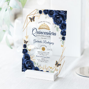 Invitations En Acrylique Quinceanera Floral Or Gold Navy