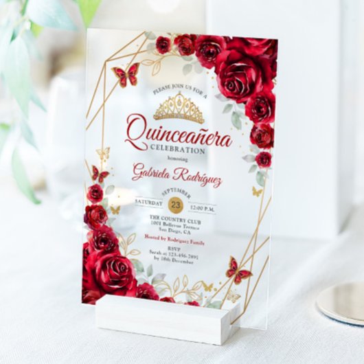 Invitations En Acrylique Quinceanera Floral Or Rouge