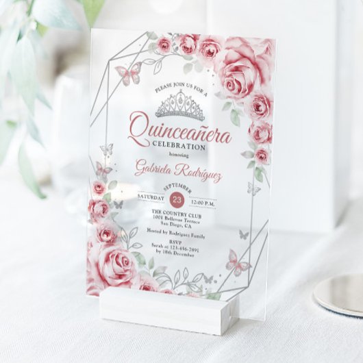 Invitations En Acrylique Quinceanera Floral Pink Silver