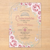 Invitations En Acrylique Quinceanera Floral Pink Silver (Recto)