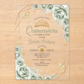 Invitations En Acrylique Quinceanera Floral Sage Green Gold (Recto)