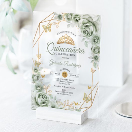 Invitations En Acrylique Quinceanera Floral Sage Green Gold