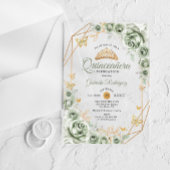 Invitations En Acrylique Quinceanera Floral Sage Green Gold