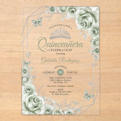 Invitations En Acrylique Quinceanera Floral Sage Green Silver (Recto)