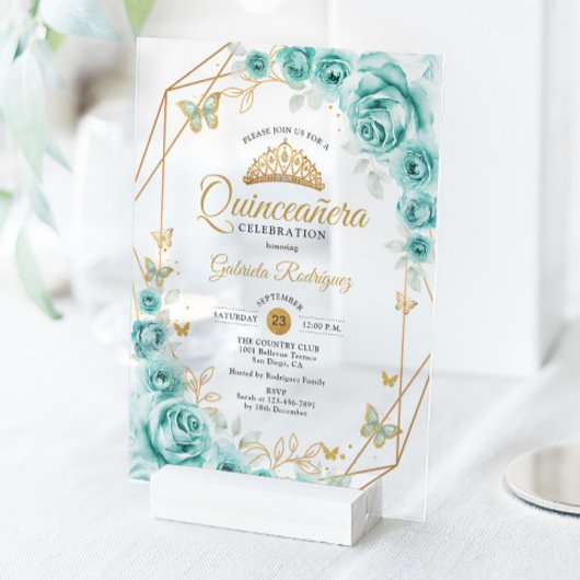 Invitations En Acrylique Quinceanera Floral Turquoise Gold