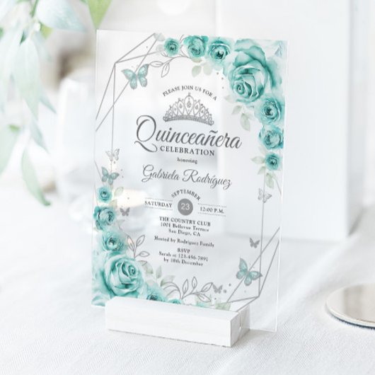 Invitations En Acrylique Quinceanera Floral Turquoise Silver