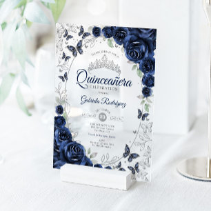 Invitations En Acrylique Quinceanera Florale Argent Navy