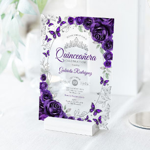 Invitations En Acrylique Quinceanera Florale Argent Violet