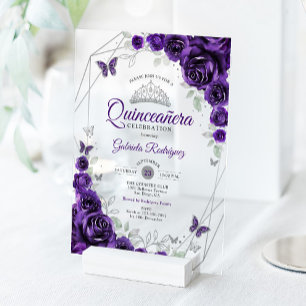 Invitations En Acrylique Quinceanera Florale Argent Violet